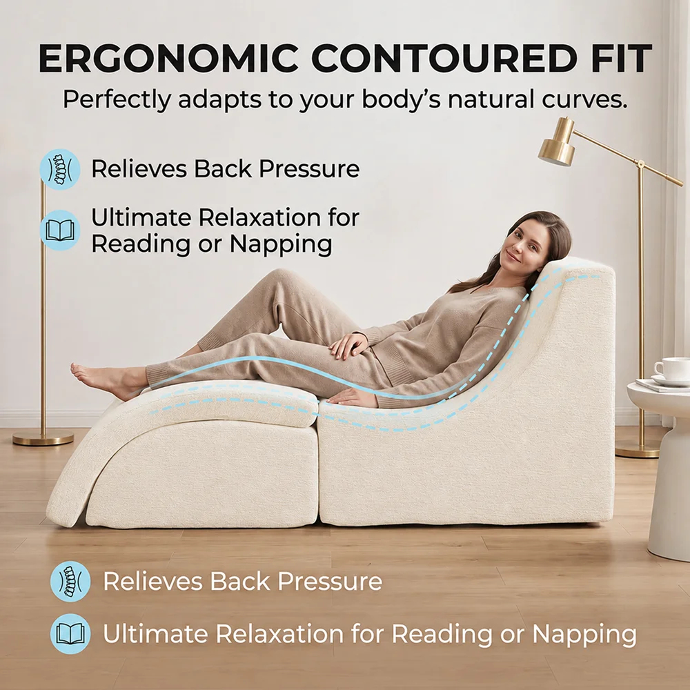 Multi Mode Foldable Ergonomic Recliner Chaise Lounge Sofa, Dense Foam Support Convertible Ottoman Footrest for Indoor Relaxation