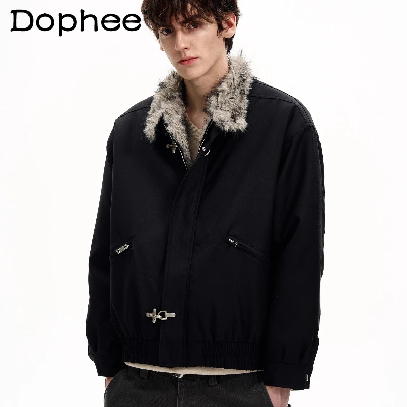 

Men Women 2025 Winter New Trendy Thickened Parkas Fashion Airplane Button Decoration Coats Handsome Chic Faux Fur Collar Parkas