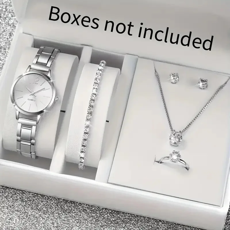 6pcs/set Women's Watch Minimalist Fashion Quartz Watch Analog Stainless Steel Wrist Watch & Jewelry Set, Gift For Mom Her