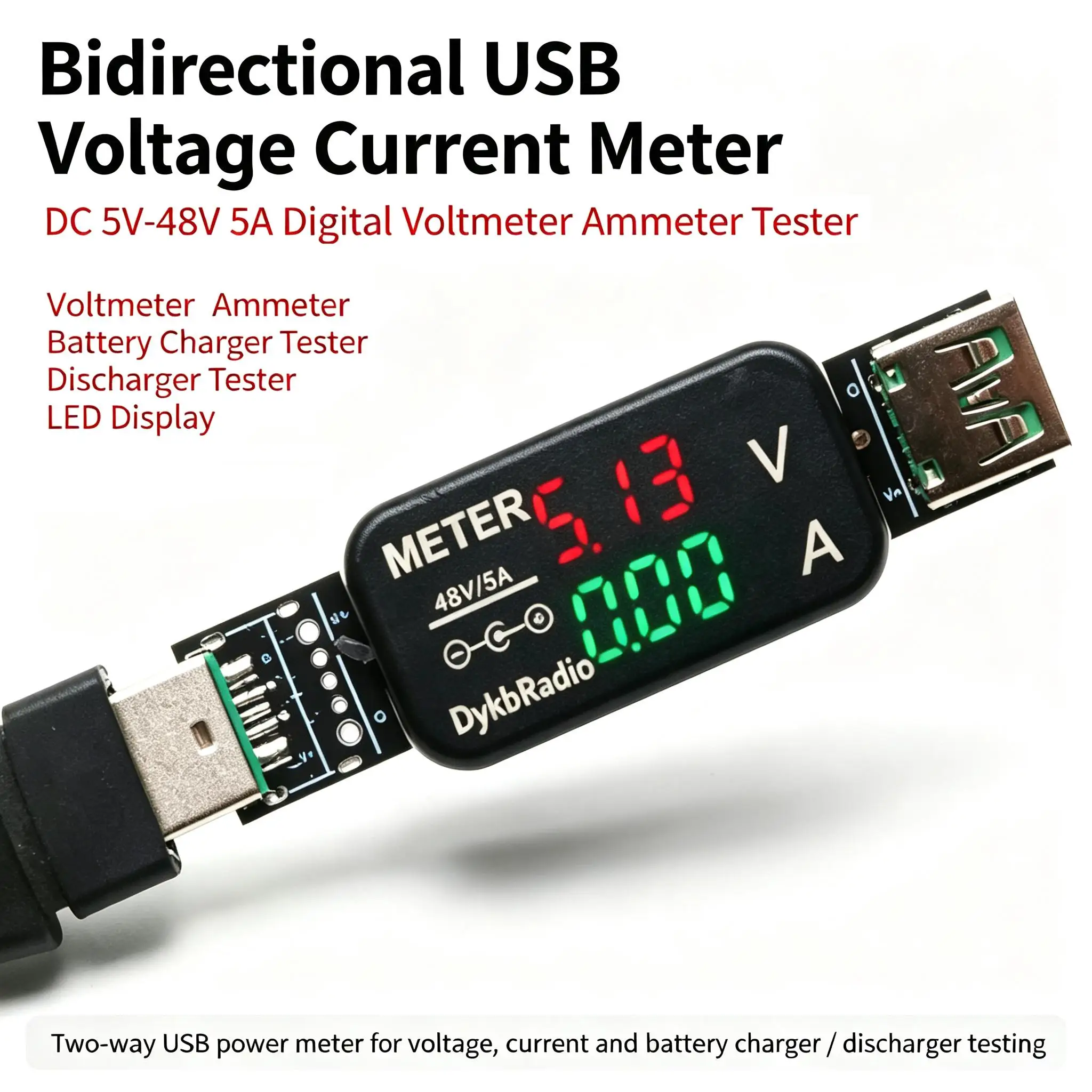 DYKB Voltmeter Ammeter Bidir USB Voltage Current Meter DC 5V-48V 5A digital battery Charger Discharger Tester LED display Module