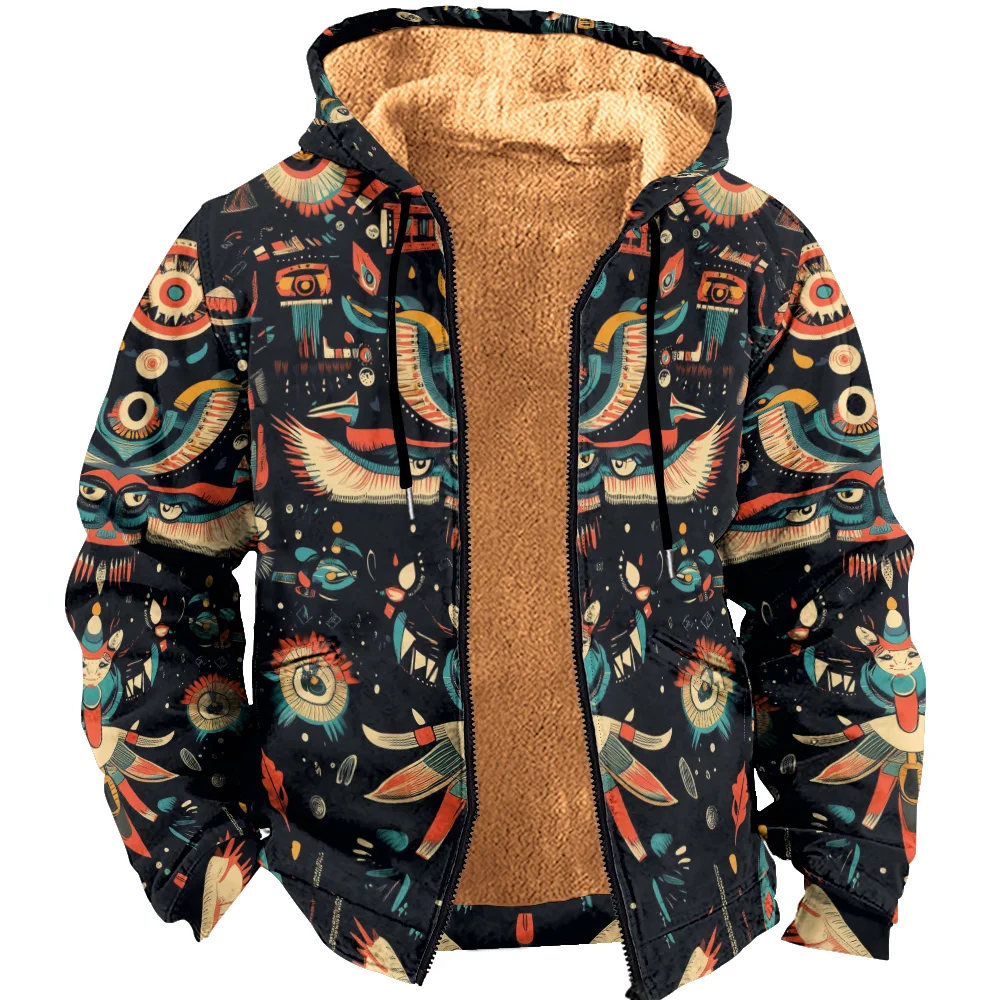 Basic Men's and Boys' Outdoor Wool Hooded Parkas, Thick Winter Zipper Jacket with Antelope Printing and Pocket