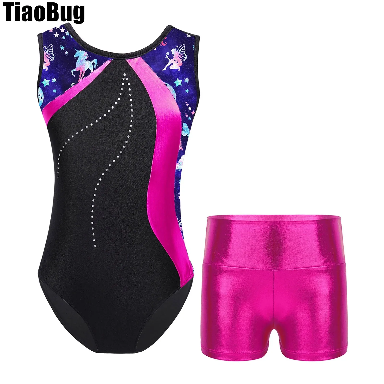 

Kids Girls Printed Dance Outfit Sleeveless Patchwork Leotard with Metallic High Waist Shorts for Gymnastics Performance