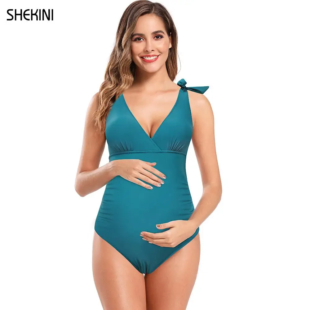 

SHEKINI Women's V-neck New Butterfly Shoulder Strap Maternity One Piece Swimsuit Ruched Pregnant Bathing Suit Bikini Beachwear