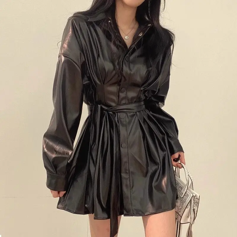 2023 Korean Autumn Retro Lapel Buckle Bandage Leather Trench Jacket Women Slim Mid Length Motorcycle Coat Female Outerwear Z2820