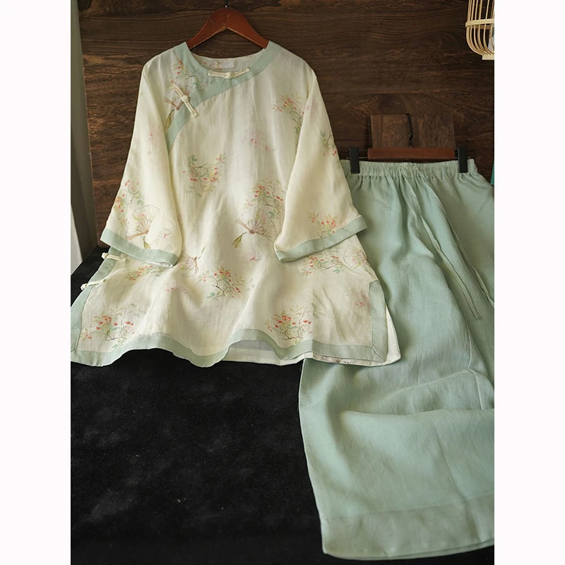 

Летняя женская однобортная винтажная свободная блузка Рами с эластичной резинкой на талии, зеленые двухуровневые хлопковые и льняные широкие брюки D24