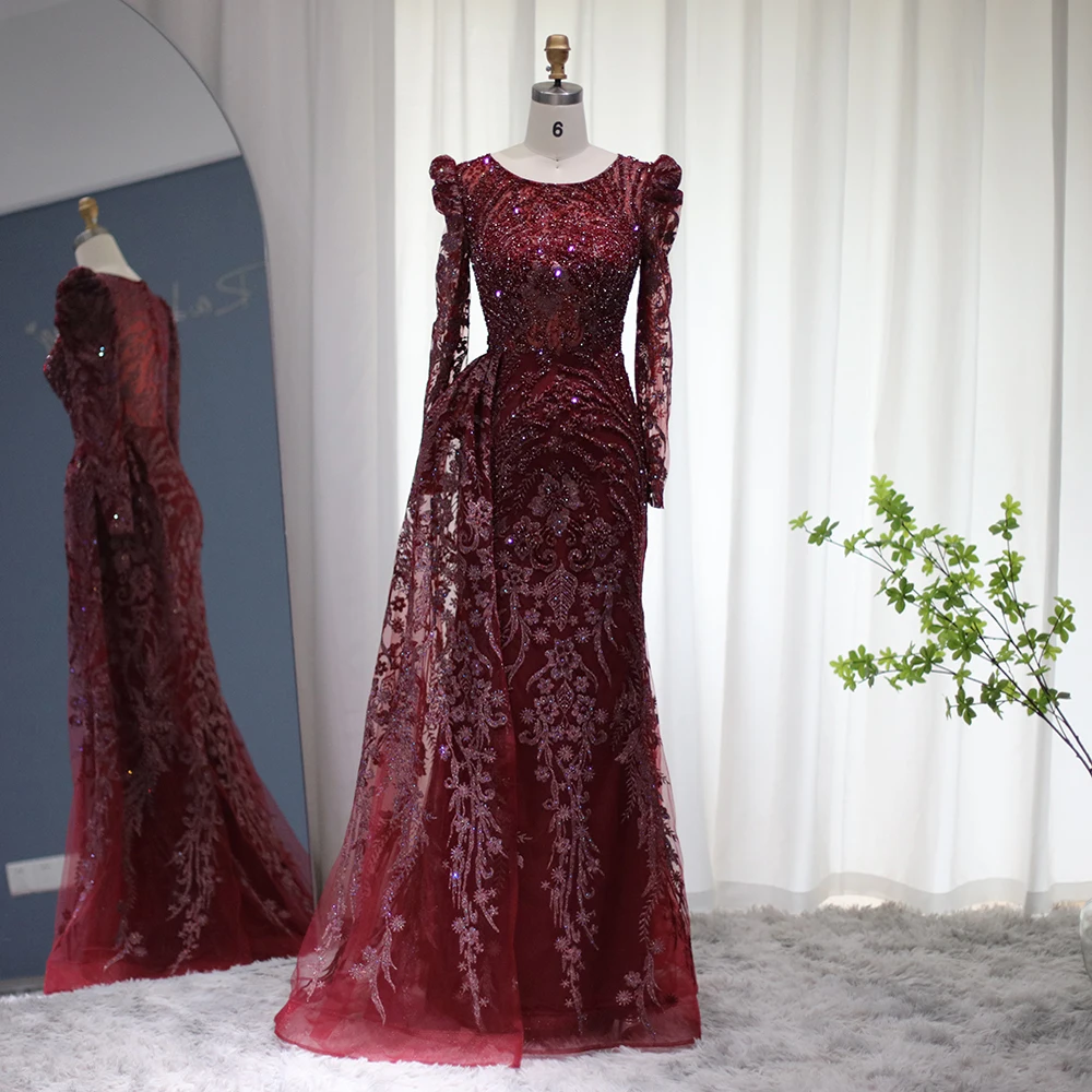 Cao Cấp Dubai Burgundy Nàng Tiên Cá Hồi Giáo Dạ Hội Với Overskirt Tay Dài Nâu Tiếng Ả Rập Plus Size Nữ Cưới Chính Thức Bầu