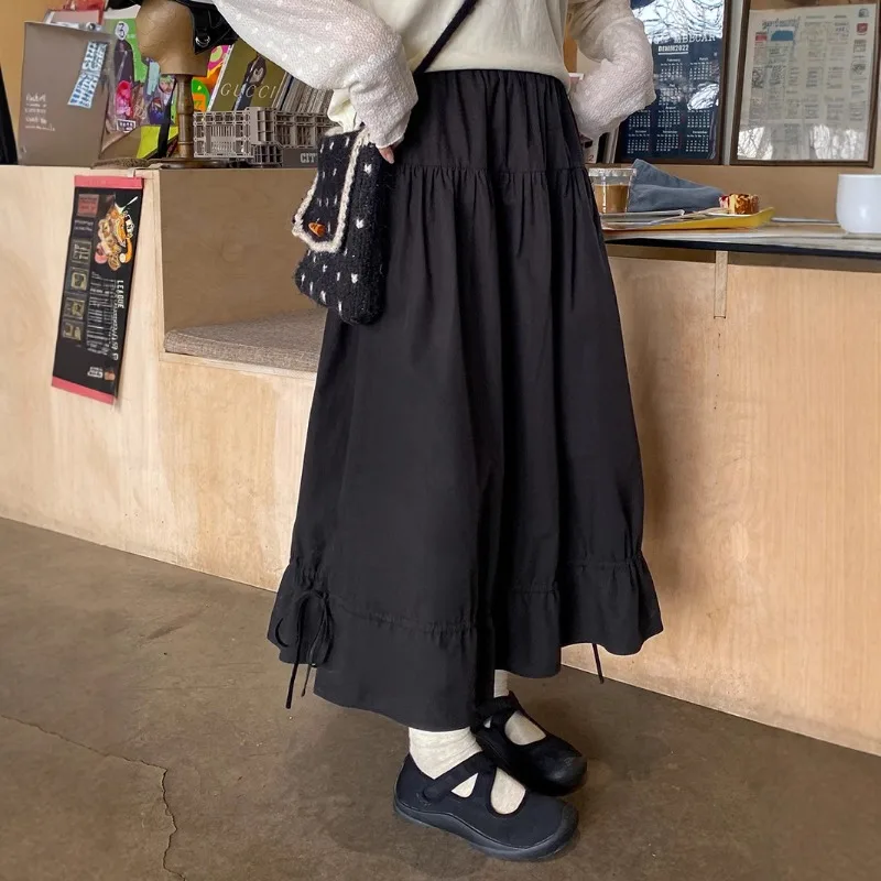 Japanese Mori Girl Style Vintage Simple Pleated Ruffled Black Skirt Sweet Kawaii A-Line Elastic Waist Brown Long Skirt for Women
