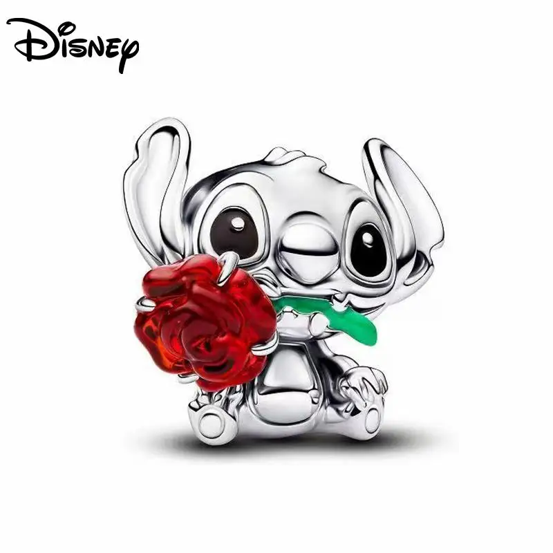 Pendentif à breloques Disney Stitch et Rose en argent 925, adapté au collier, Bracelet Original, bricolage, Festival, anniversaire, cadeau de fête pour femmes