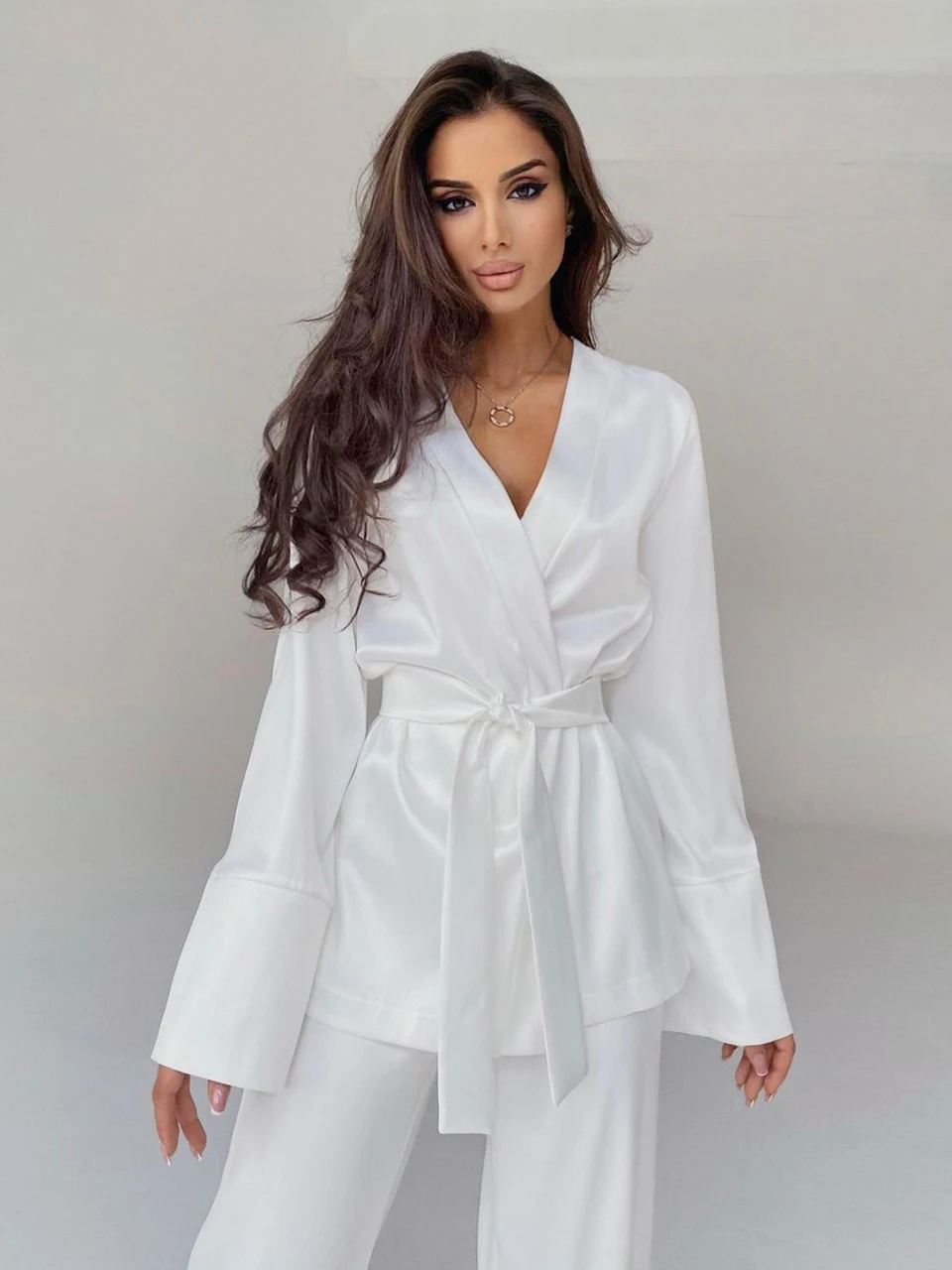 2023 Solid Color Pajamas For Women Robe Sets Full Sleeves Women\'s Home Clothes Trouser Suits Satin Nightgowns Spring Loungewear