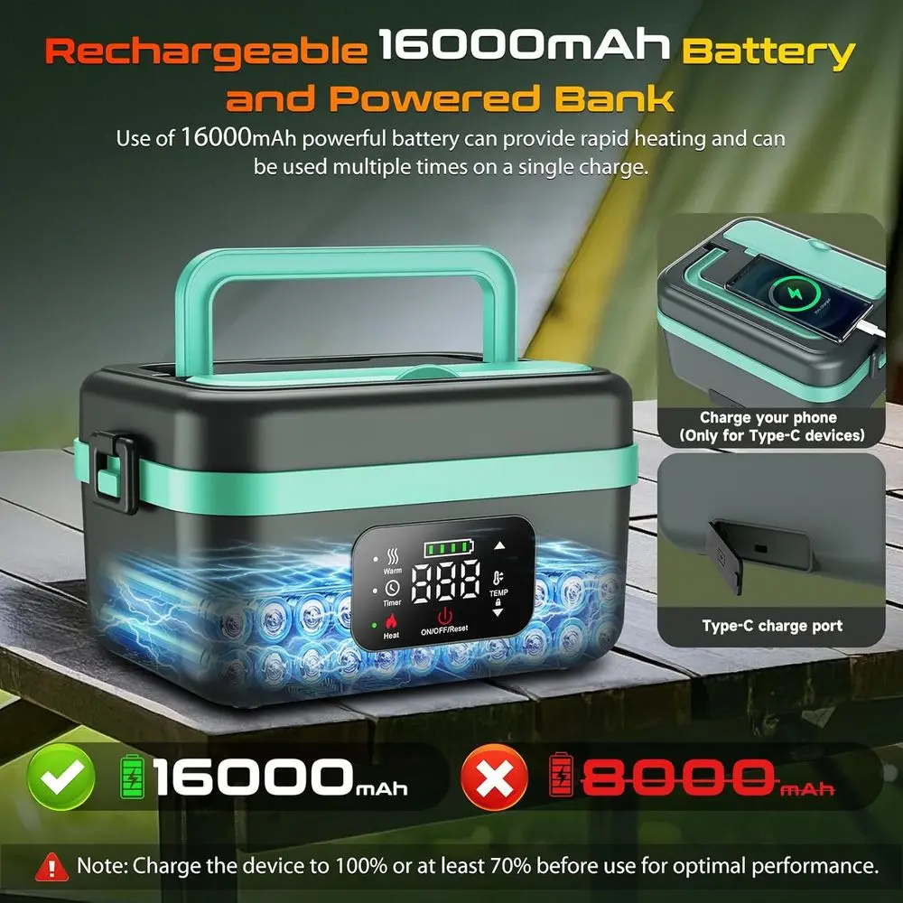 Boîte à déjeuner électrique rechargeable – Chauffe-aliments auto-chauffant et portable pour adultes, hommes et femmes, comprend une cuillère et un sac isolé