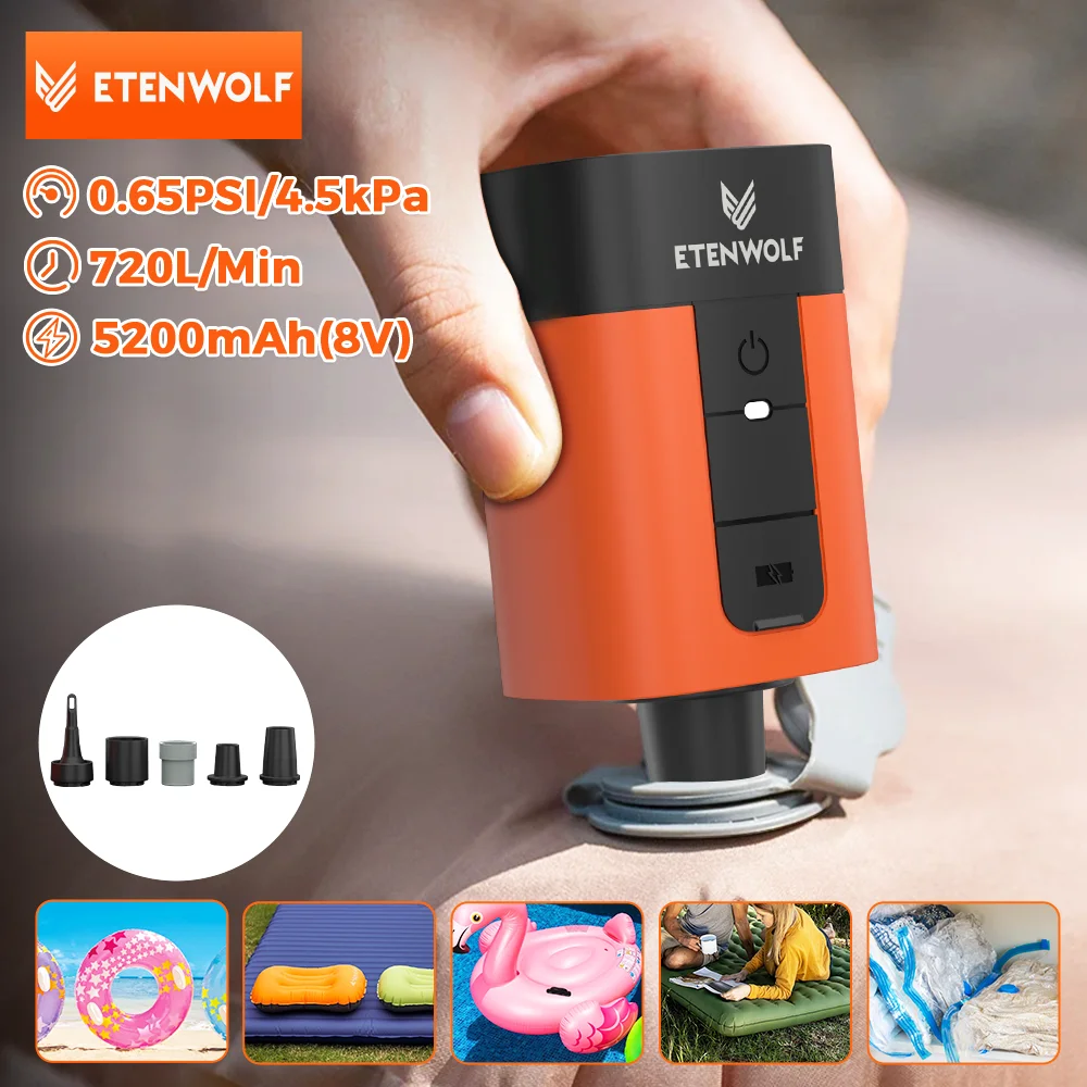 

ETENWOLF AIR 5 Электрический воздушный насос, 720 л/мин, быстрый надувной и дефлятор, 5200 мАч, портативный воздушный насос для поплавков в бассейне, вакуумная сумка для хранения