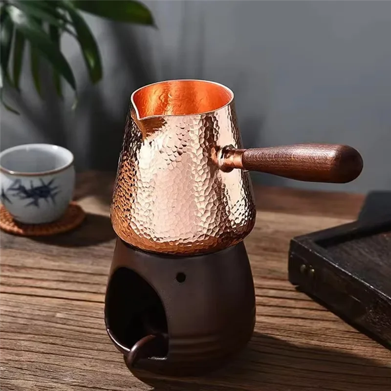 【Flash-Deal!】500Ml Pure Copper Latte Pitcher Milk Jug With Wooden Handle Kettles Hammer Handcraft Drinkware Tableware