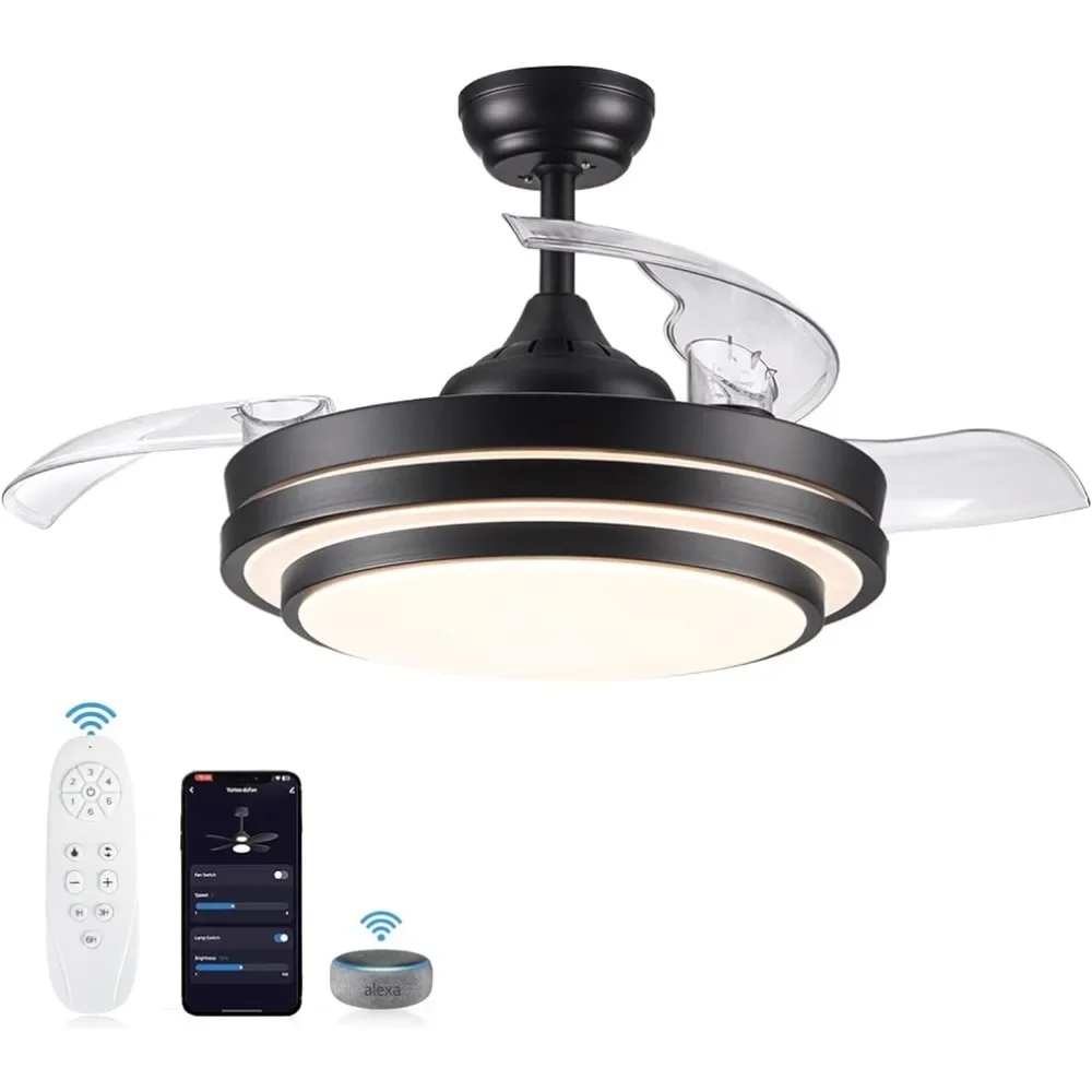 

Intelligent retractable ceiling fan with light remote control, 42 inch silent and dimmable black modern fan ceiling fan