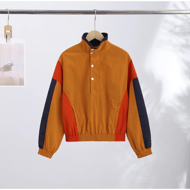 Contrast Color Fashion Wind Jacket Turn Down Collar Zipper Elastic Cuff Hem Long Sleeve Windproof Coat 2026 Autumn Women Coats