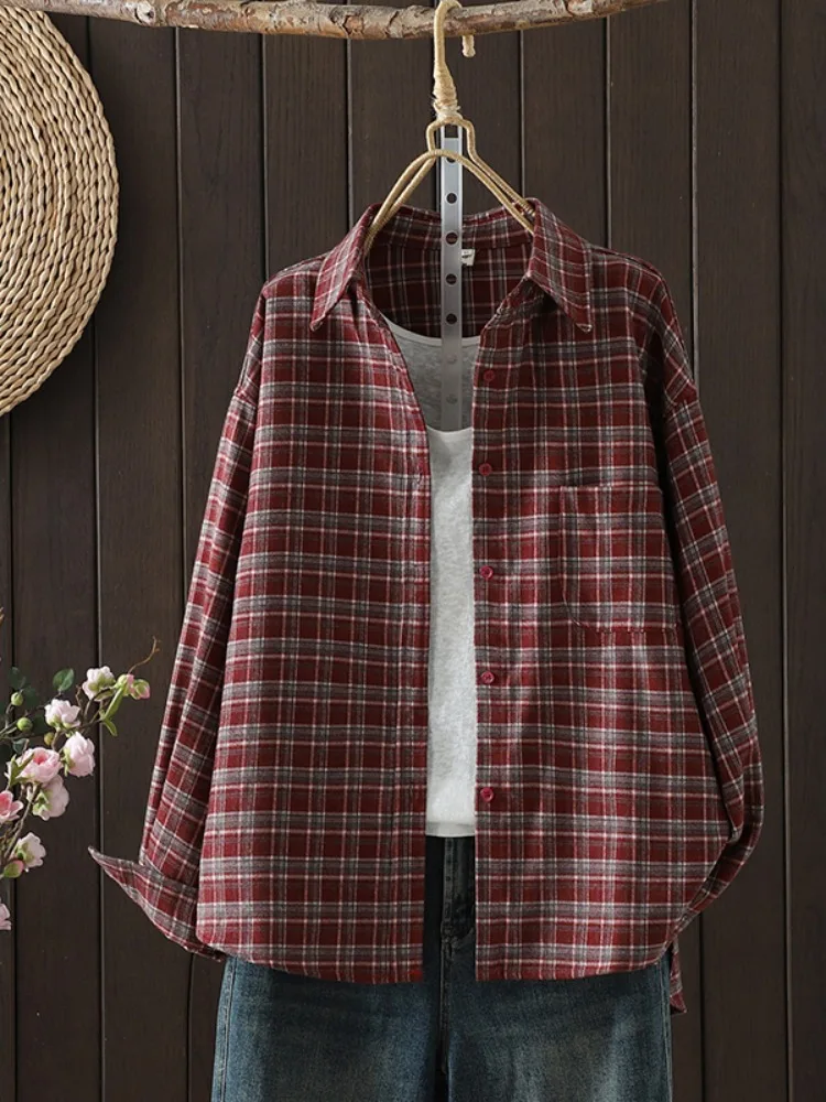 

Красный клетчатый кардиган с длинными рукавами для женщин, повседневный, с отложным воротником, приталенный, весенний, модный, в стиле ретро, женская рубашка