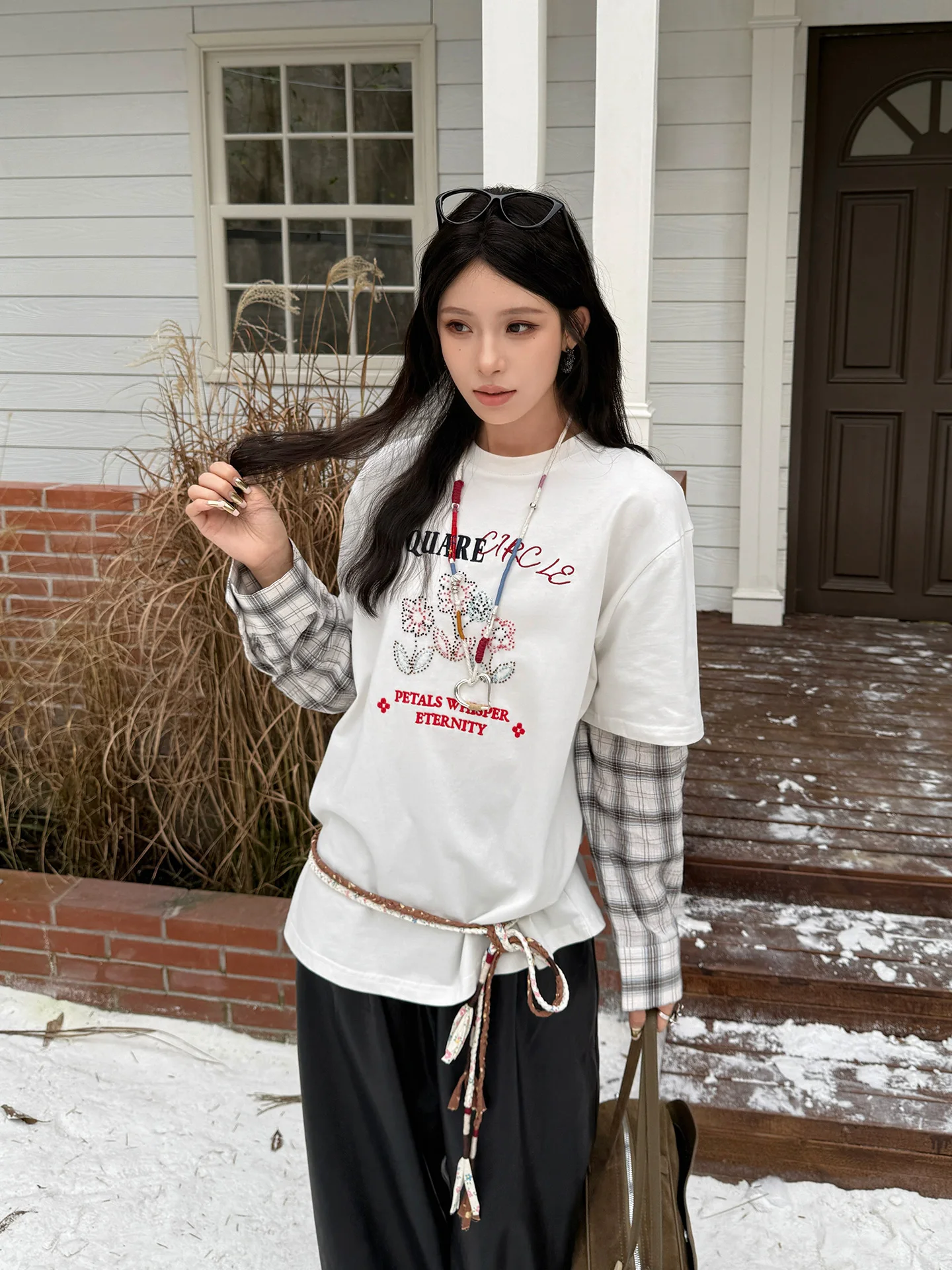 

Новая футболка Square Circle Street Sle Long Sve с вышивкой, цветная футболка из двух предметов, повседневный хлопковый топ свободного покроя