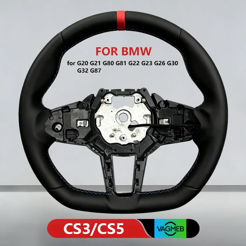 

Interior Flat Bottom CS Sport Steering Wheel for BMW G01 G02 G05 G20 G21 G30 G32 G80 G81 Red Stripe Leather Carbon Fiber Paddle