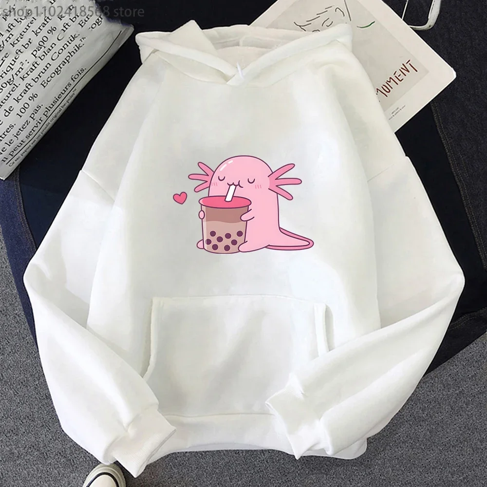 Chubby Axolotl Enjoys Bubble Tea Hoodie Kawaii Graphic Sweatshirt Women Clothes Girls Y2k Sudaderas Mens Hoodies Unisex Pullover