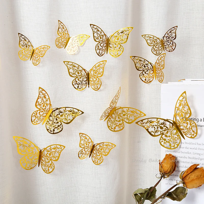 DIY 12Pcs Hollow Gold Butterfly Cake Topper Home Decoration Simulation Metal Texture Butterflies Wedding Crafts Party Decoration