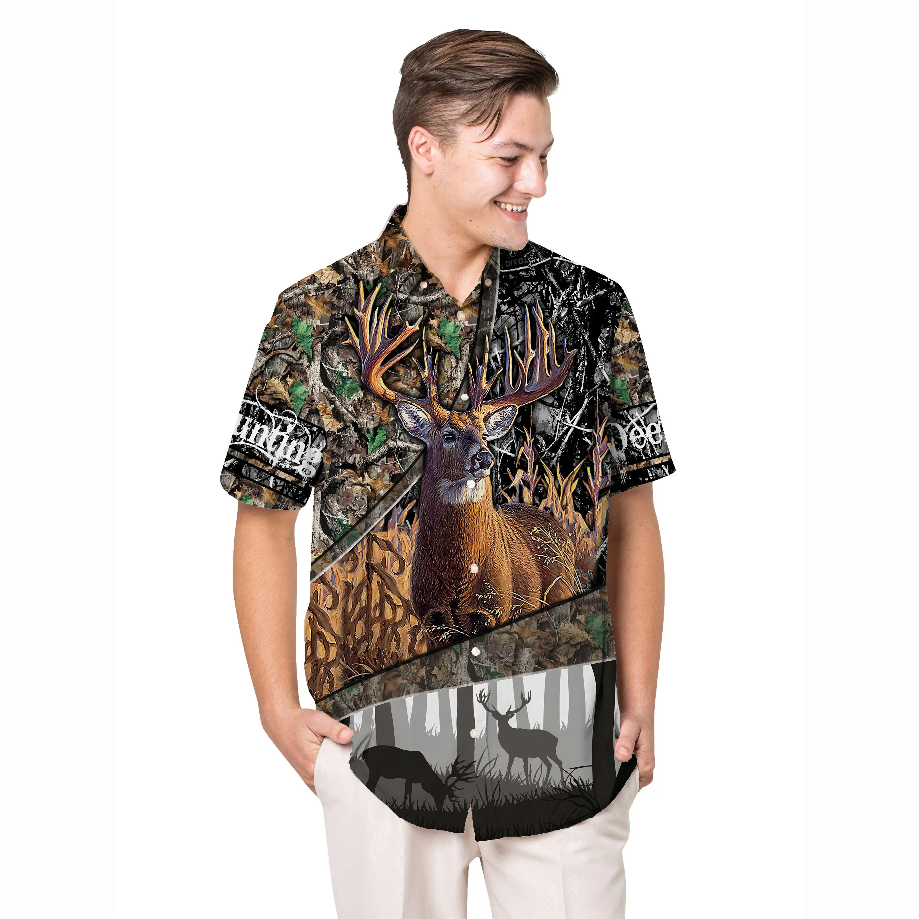 Jumeast Elk Pattern Short Sleeve Hawaiian Shirt Tropical Reed Camouflage Polyester Aloha Shirts Hunting Baggy Casual Clothing