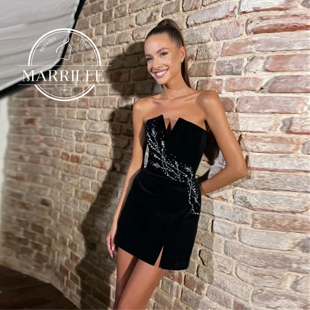 

Marrilee Black V-Neck Short Mini Sequins Evening Gown A-Line Sleeveless Strapless Above Knee Length Sexy Party Prom Dresses 2024