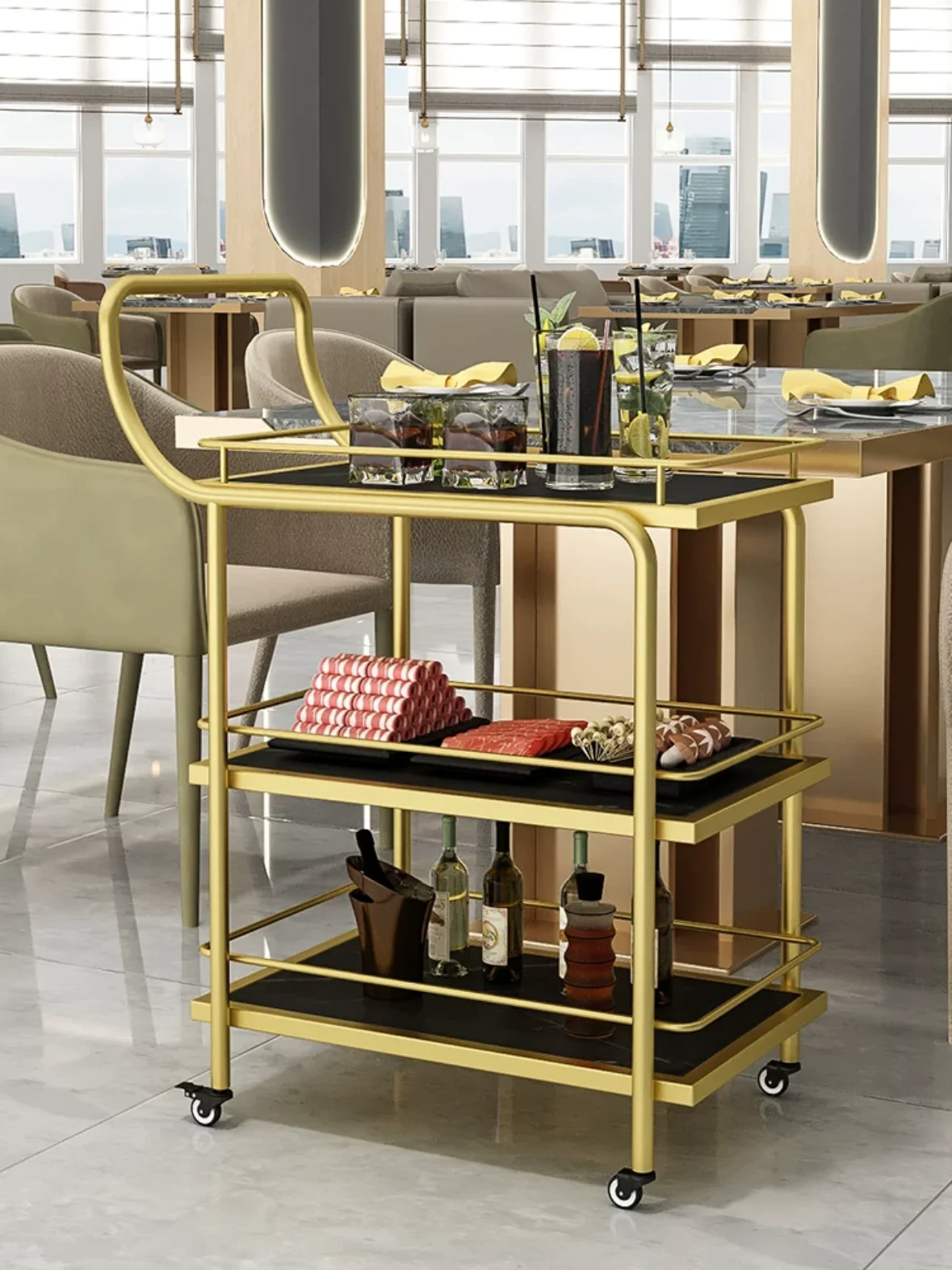 Rolling Bar Cart with Wheels Serving Trolley Wheeled Trolley Moving Metal and Glass Round 2-tier Gold Stainless Steel Modern