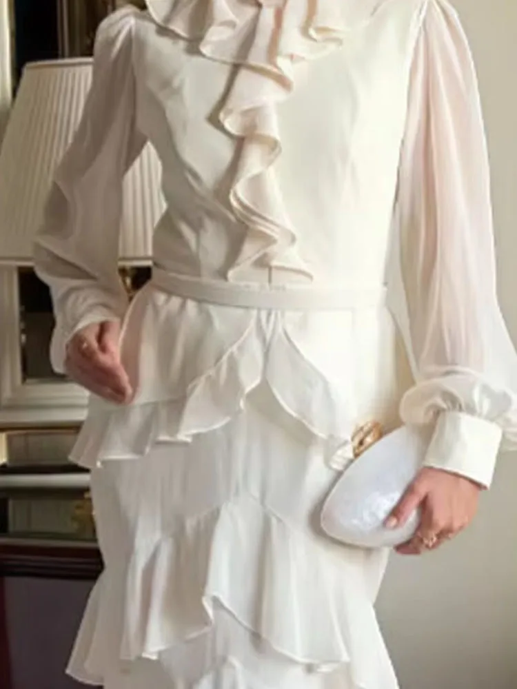 Dames casual lange mouw effen kleur feestjurk mode gedrapeerde ruches slanke lange jurk elegante o-hals hoge taille herfstjurk