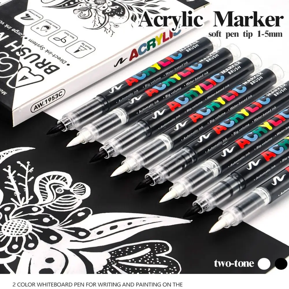 12Pcs/Box Black/White Acrylic Marker Pen Waterproof Soft Tip Acrylic Paint Markers DIY Quickly Dry Direct-Liquid Ink Marker