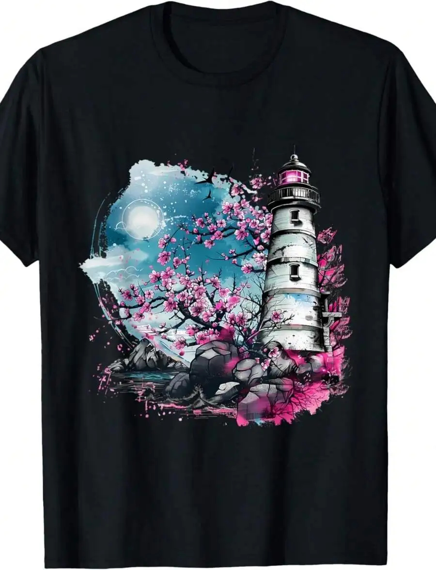 

Lighthouse And Cherry Blossom Art Print T-Shirt For Women