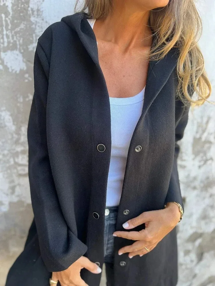 Women's Hooded Solid Color Long Sleeved Button Pocket Jacket for Autumn/winter 2024 - Image 5