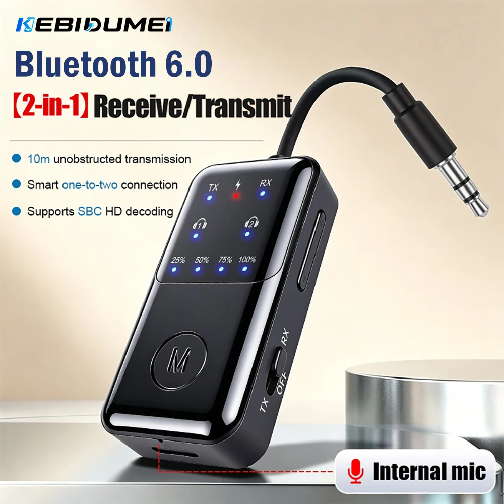 KEBIDUMEI Bluetooth 6.0 Audio-Empfänger und -Sender Dual RT/TX Broadcast 3-in-1 3,5mm AUX Kabelloser Adapter für TV, Kopfhörer, Auto