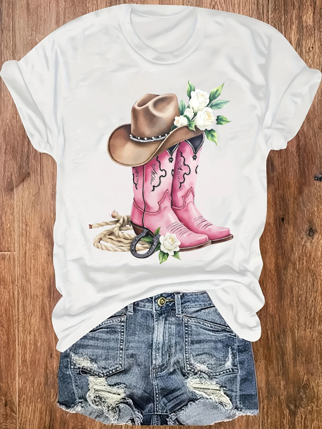 

women's plus size tank top Cowboy Hat Pink Boots Flowers Rope Suitable for sports and daily wear sleeveless casual style top