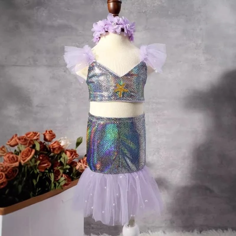 

J15U Newborns Long Fish Tail Photography Outfit Split Dress Skirt & Tops with Matching Headband Set for Baby Photoshoots