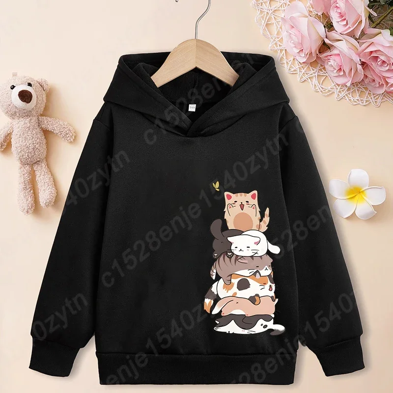 Cute Cat Graphic Hoodies for Girls Kawaii Cartoon Printed Hoodie Funny Cats Print Hooded Sweatshirt Pullover