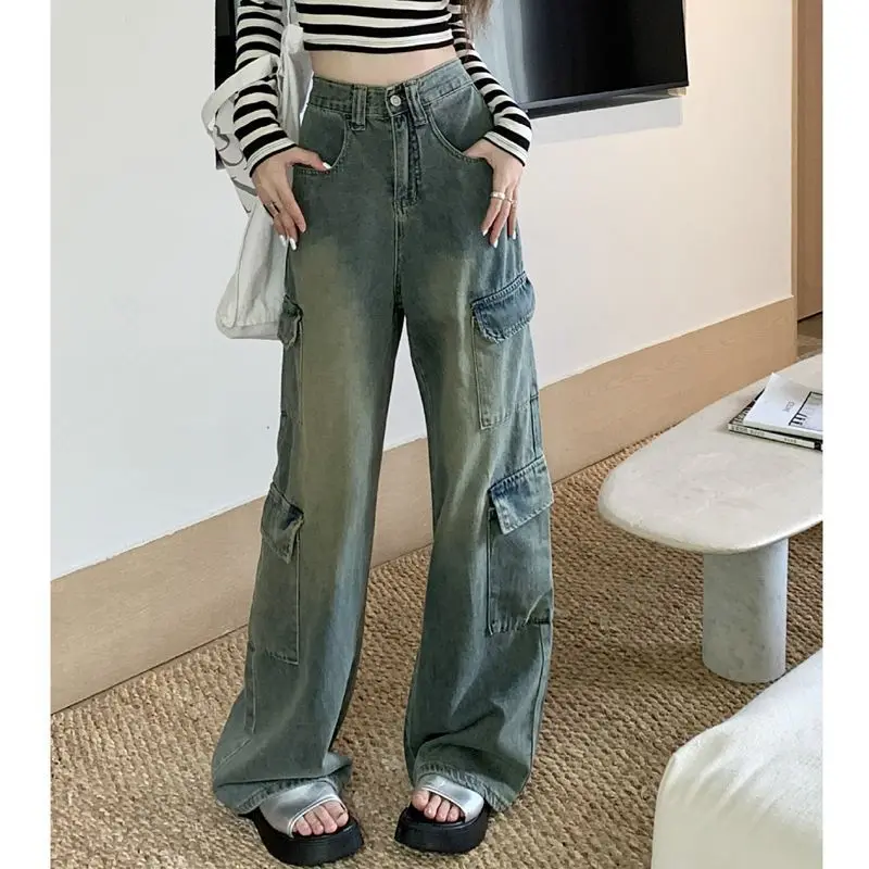 American Style Vintage Workwear Jeans Women Summer Sweet Cool Loose High Waist Slimming Wide Leg Pants Floor-Length Trousers