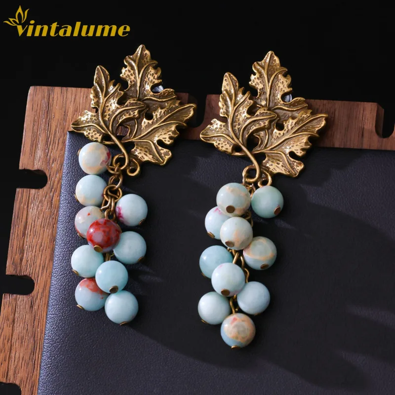 

Vintage Grape Leaf Drop Earrings Antique Gold Plated Natural Stone Tassel Boho Statement Party Gift Jewelry Vintalume