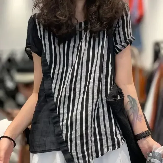 

Camisas De Mujer 2021, летняя блузка, женская одежда, винтажные свободные рубашки, топы с круглым вырезом и короткими рукавами, шикарные блузки в нерегулярную полоску