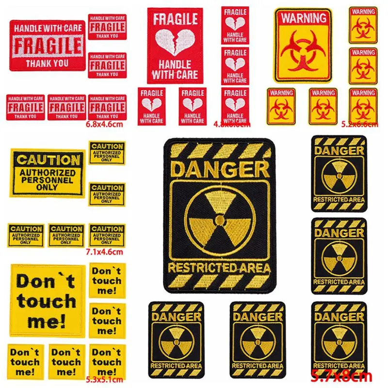 

10pcs/lot Caution Sign Embroidered Patches On Clothes DIY Iron On Patches For Clothing Jacket Prohibition Slogan Ironing Sticker