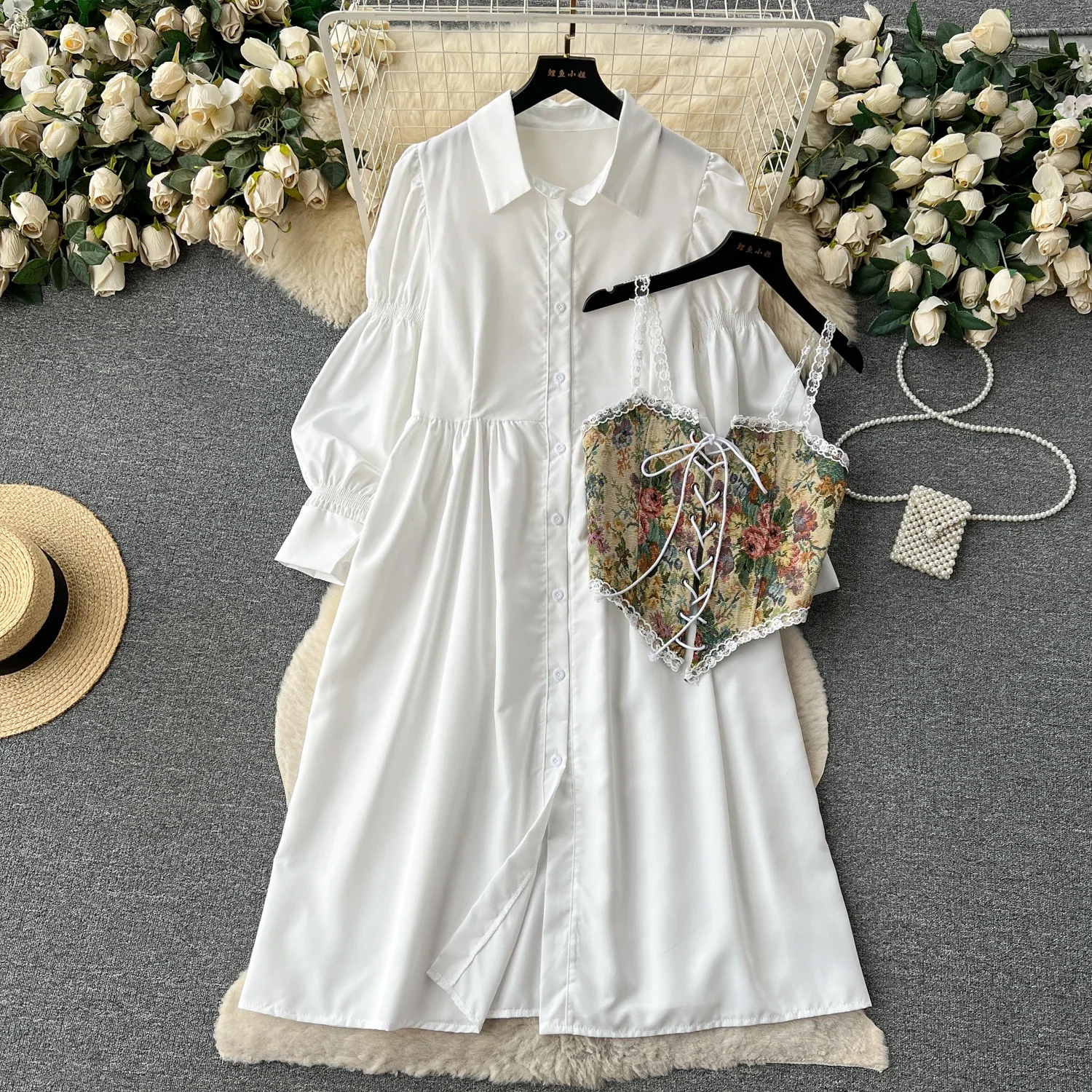 French Style Long Puff Sleeves Lapel Single Breast White Shirt Dress + Floral Print Lace Bandage Camisole Two Piece Set