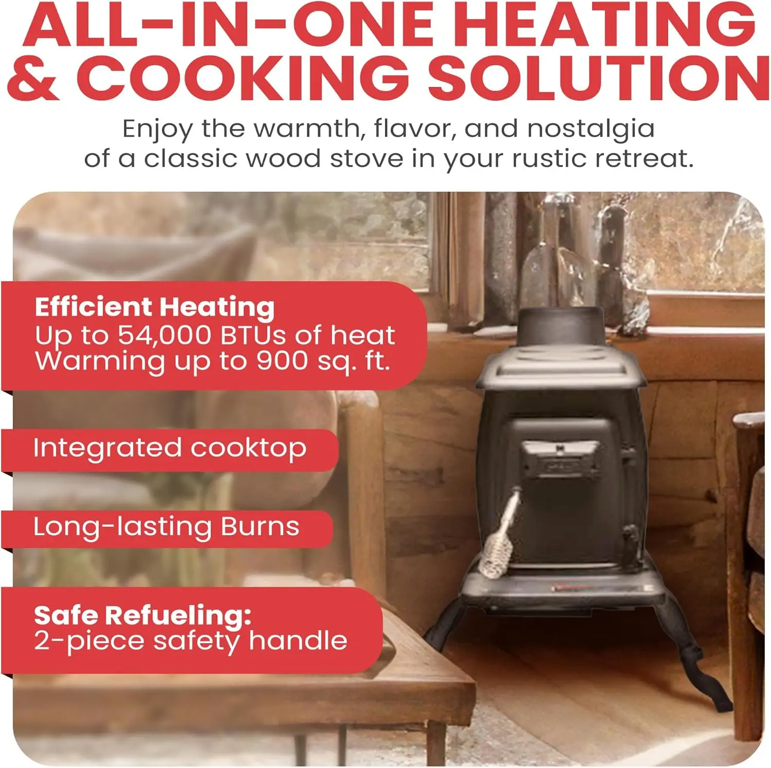 Company Cast Iron Wood Stove with Cool Touch Safety Handle, Heats up to 54,000 BTUs