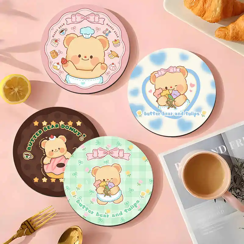 

Cute Bear Rubber Coaster Round Heat Insulation Anti Slip Cup Mats Absorbent Reusable Pad Kitchen Items Accessories Decoration