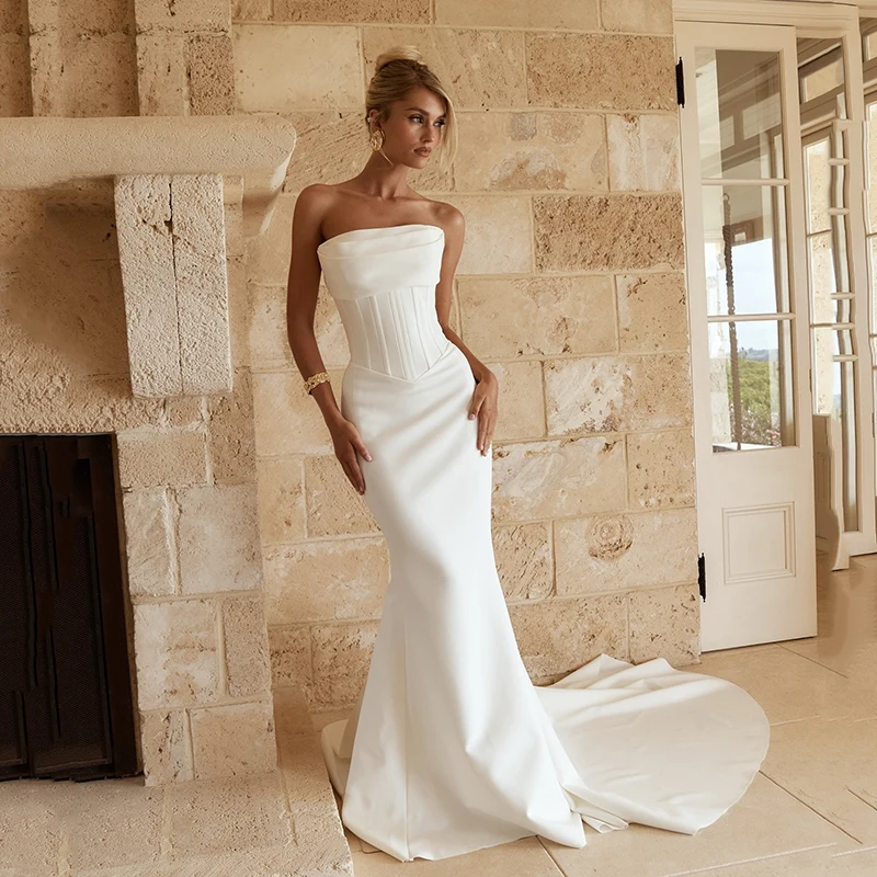 

Eightree Boho Mermaid Wedding Dresses Strapless Sleeveless Sweep Train Satin Bridal Dress Simple Wedding Prom Gowns Customized