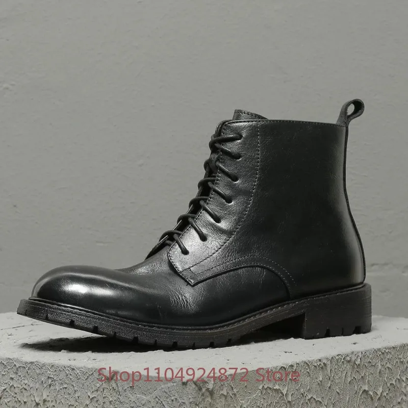Vintage Genuine Leather Work Combat Chelsea Boots Men's Shoes Autumn Winter Male Casual Side Zipper Daily Outdoor Ankle Boots
