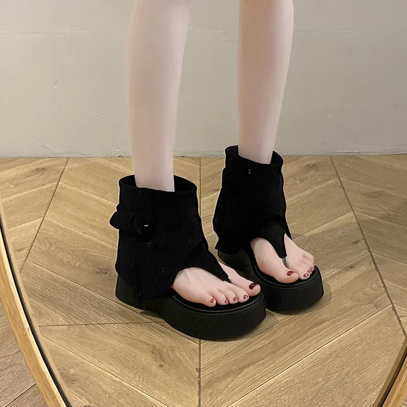 

Dark Gothic Hollow Sandals Women Thick Sole Metal Buckle Punk Style Spice Single Shoes Chunky Heel Platform Cross Tied Sandalias