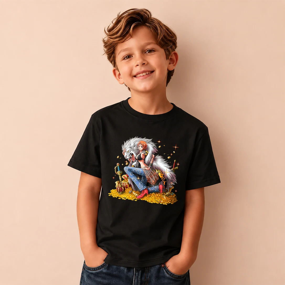 Kids T‑Shirt One Piece Nami Gold Treasure And White Lion Print Short Sleeve Casual Tops Boys Girls Anime Children Daily Wear Tee