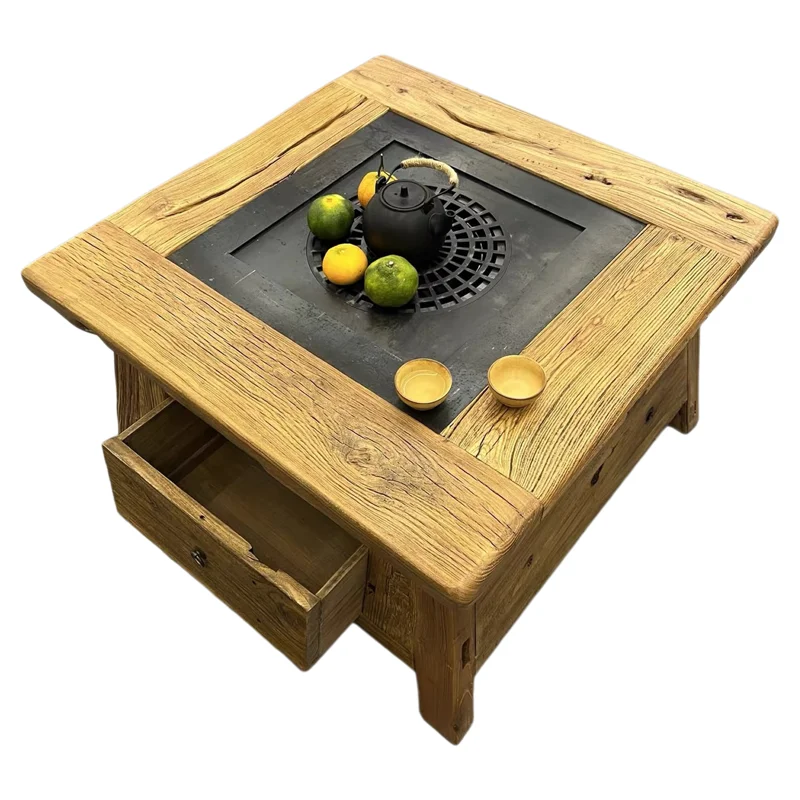 

Wabi Silent Wind Old Wood Stove Tea Small Square Table Old Elm Tea Household Balcony Table Log Coffee Table Outdoor Heating