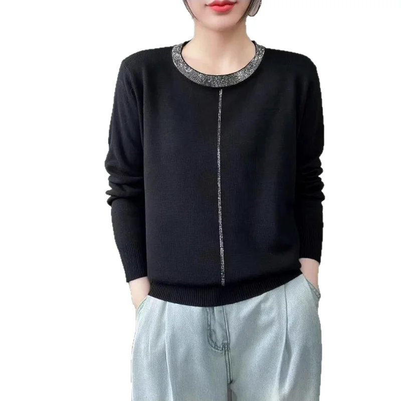 Sweter damski z okrągłym dekoltem, długim rękawem, zdobiony dżetami, nowy styl na wiosnę i jesień, luźny, uniwersalny, bazowa warstwa dzianiny.