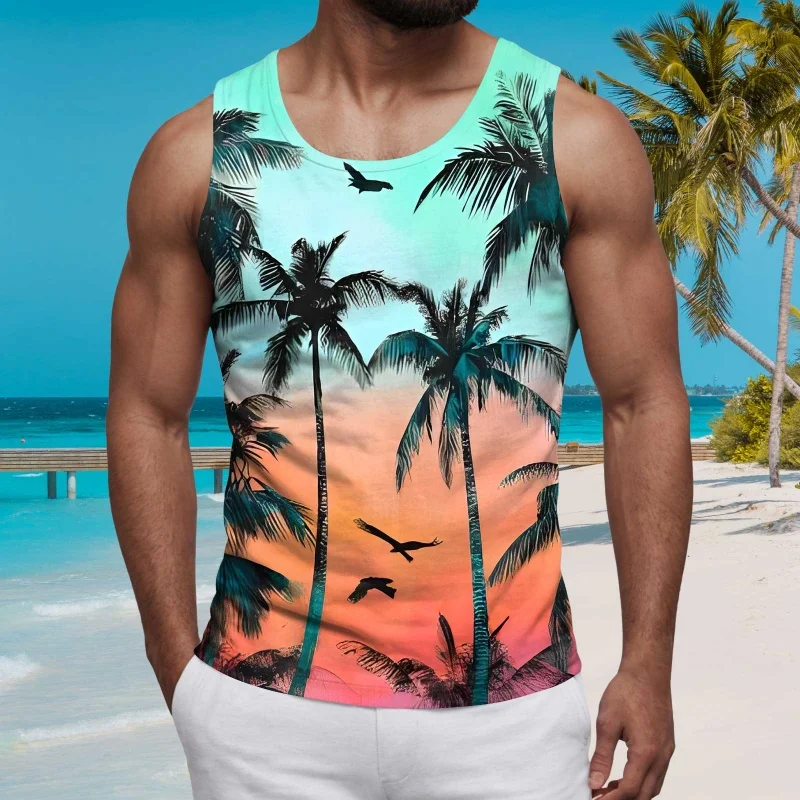 

3D Printed Coconut Tree Flowers Tank Tops For Men Gradient Pattern Tees Summer Loose Vacation Street Sports Tops Round Neck Vest