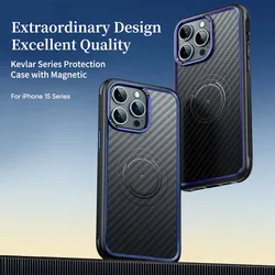 ROCK Kevlar magnetische hoes voor iPhone 15 Pro Max Metalen lens Militaire kwaliteit schokbestendige hoes voor iPhone 15, Compatibel met MagSafe
