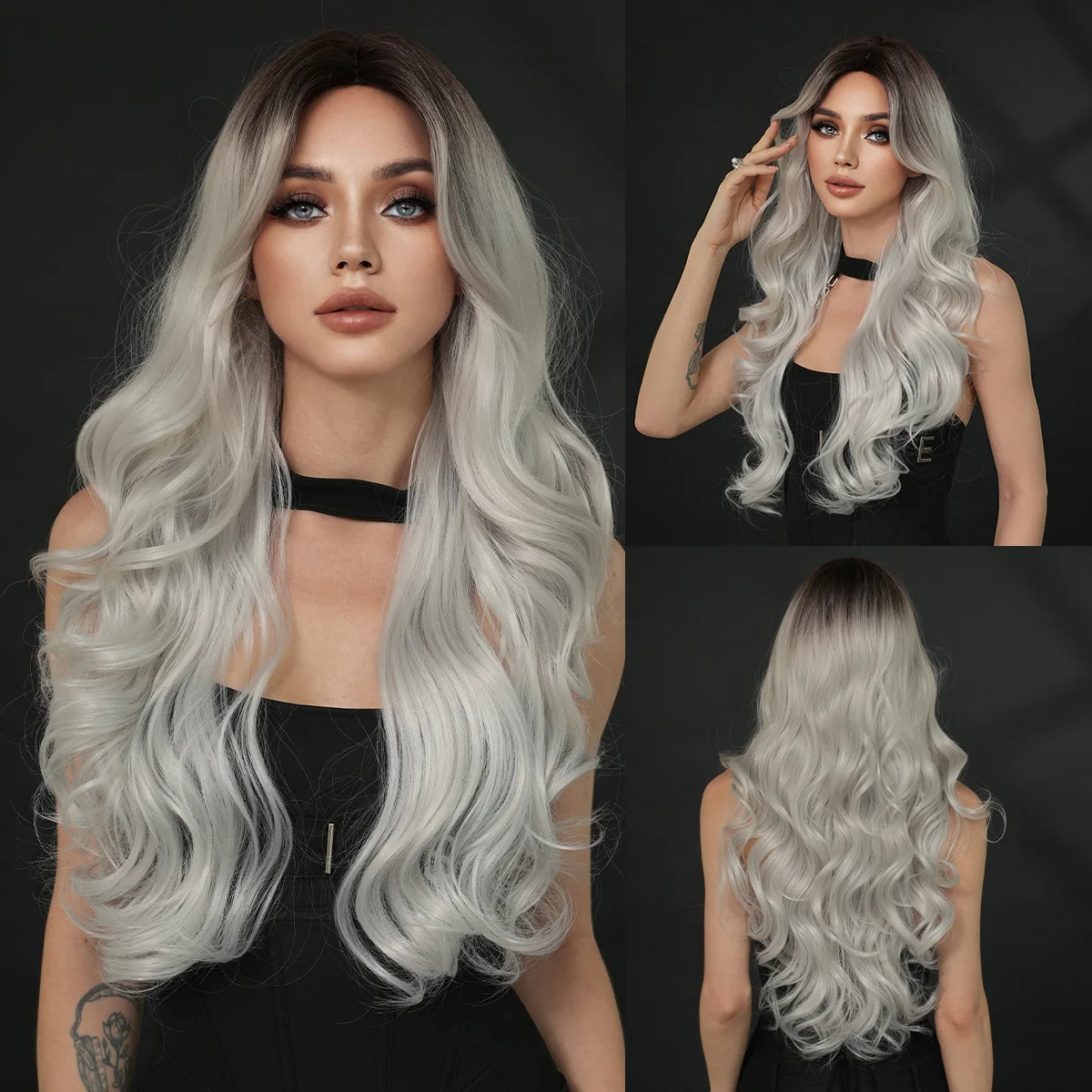 

Серебристо-серый парик женский, большие волнистые, длинные вьющиеся волосы, полное покрытие головы, восьмизначная челка, темный парик